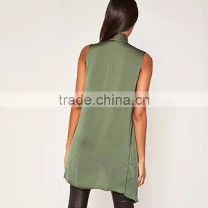 Light Weight Crepe Sleeveless Cardigan Women's Khaki Green Waistcoat thumbnail-3