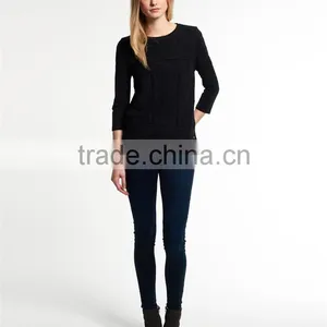 China Supplier Shandao Latest Model Good Quality Autumn Casual 3/4 Sleeve Round Neck Black Embroidered Cotton Tops For Women thumbnail-5