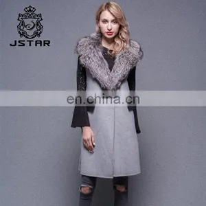 Cashmere Long Vest Women Autumn Sleeveless Fleece Trench Coat With Big Fur Collar thumbnail-1