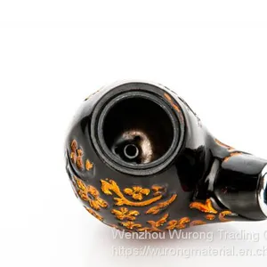 145mm Length Wooden Resin Short Tobacco Pipe With Vintage Yellow Carved Pattern Head for Smoking thumbnail-4