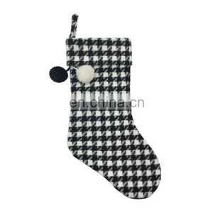 Wholesale Decorative Chunky Black and White Plaid With Pompom Christmas Socking for Christmas thumbnail-4