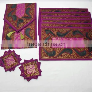 Indian Silk Table Runner With 6 Placemats & 6 Coaster in Purple Color Size 16*62 thumbnail-1