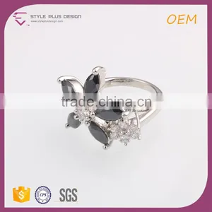 R63425K01 China Wholesale Jewelry Silver Plated With Black Coral Stone Ring Designs Black Flower Ring for Women thumbnail-2