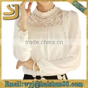 New Women Long Sleeve Render Unlined Upper Garment Sheer Lace Floral Chiffon Blouse White Pearl Collar Tops thumbnail-1