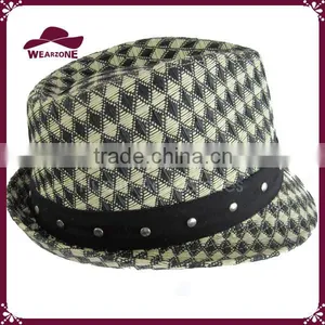 PU Band & Rivets Men's Small Check Pattern Fedora thumbnail-3