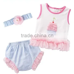 Wholesale Brand Summer Toddler Infant Girls Birthday Party Outfits Headband+Top+ Bloomers Kids Newborn Clothes thumbnail-1