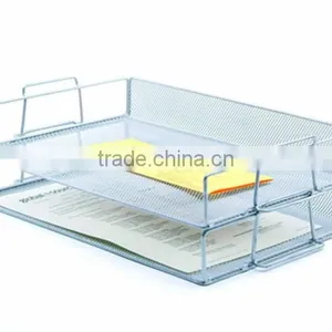 Silver 2 Layers Metal Mesh Portable Office Stackable Letter File Tray thumbnail-2