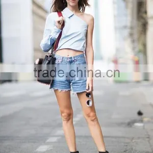 Women Long Sleeve Cropped One Off Shoulder Mini Casual Summer Tops thumbnail-2