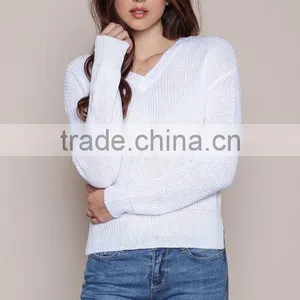 MGOO New Arrival Women V Neck Sweaters Split Long Sleeves Knitted Fast Fashion Tops Plain White Sweaters thumbnail-6