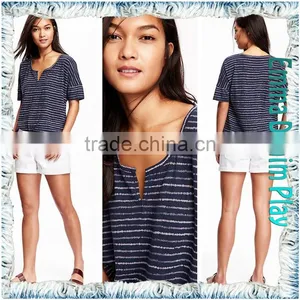 Hot Styles High Quality Ladies Blue White Stripe Knit Open O Neck T-Shirts Adult's Tops thumbnail-4