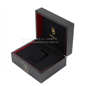 Matte Black Painted Popular Natural Wood Watch Display Box Solid Wood Watch Gift Box With Metal Logo Plate thumbnail-1