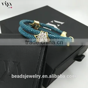 2016 New Custom Men Double Leather Stingray Rose Gold Black Stone Bracelet thumbnail-4