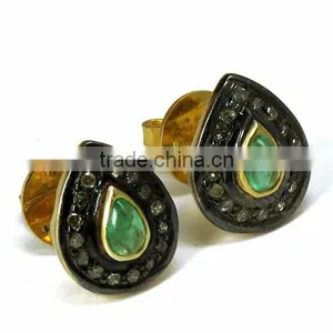 Finesque !! Pear Shape Emerald & Diamond Gold Polish 925 Sterling Silver Earring, Dangler SIlver Earring, Silver Jewellery thumbnail-1