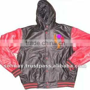 All Leather Hooded Varsity Jacket College Letterman Baseball Jacket thumbnail-1