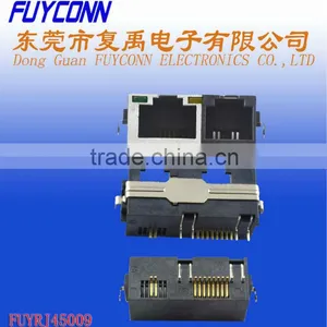 RJ Series 10 Pin 2 Ports PCB Mount Right Angle Male RJ45+RJ11 With LED Light Connector for Network Equipment thumbnail-1