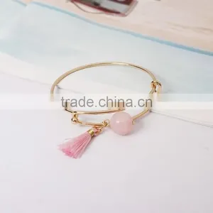 Pink Crystal Quartz and Tassel Gold Wire Bangle Natural Stone Gold Wire Bangle thumbnail-1
