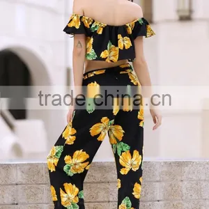 Floral Printed Cold Shoulder Ruffle Crop Top and Palazzo Pants Two Piece Sets thumbnail-2