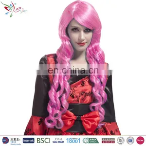 Fashion Women Synthetic Hair Blue and Pink Long Deep Curly Wig thumbnail-2