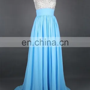 New Arrival Evening Gown Chiffon Beaded See Through Nude Back High Neck Key Hole Open Back Light Blue Formal Long Evening Dress thumbnail-1