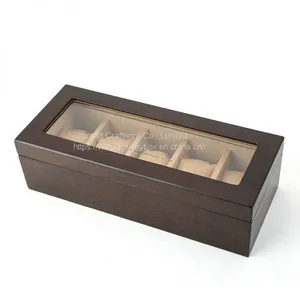 High Grade Luxury 4 Slots Brown Watch Packaging Box 4 Slot Oak Solid Wood Watch Storage Display Box With Clear Glass Window thumbnail-3