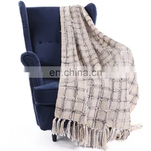 100%Acrylic Thick Beige Woven Check Pattern South Korean Style Blanket thumbnail-4