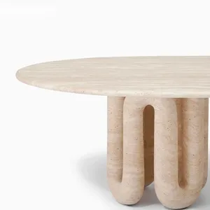 Light Luxury Natural Travertine Marble Stone Coffee Table Modern Minimalist Oval Coffee Table With Roman Column Base thumbnail-2