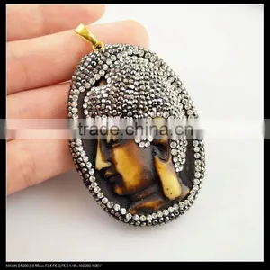 LFD-0090P ~ Wholesale Brown Ox Bone Buddha Head Oval Pendant Crystal Rhinestone Paved Charms Pendants Jewelry Finding thumbnail-1