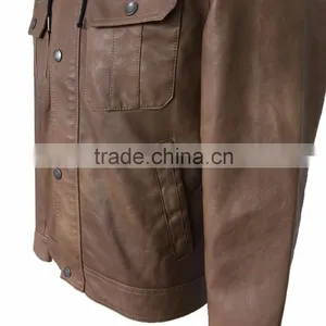 Man Wear Supplier Good Quality New Fashion Wholesale Brown PU Leather Jacket With Hood thumbnail-3