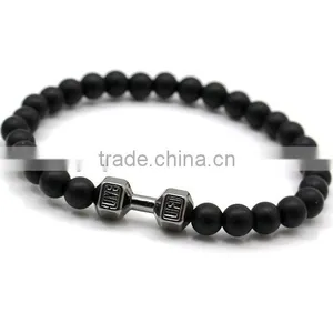 Wholesale Alloy Metal Barbell Matte Black Stone Beads Fitness Fashion Dumbbell Bracelets thumbnail-6