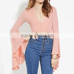 Custom Top Trumpet Sleeves Slim Fit Deep V Plain Crop Top for Women thumbnail-1