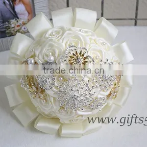 Luxurious White Silk Flowers Wedding Bouquets With Beads, Rhinestones, Brooches thumbnail-2