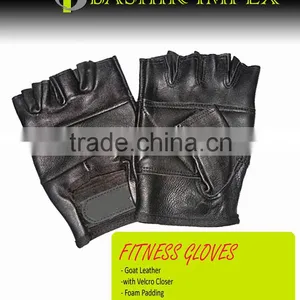 BLACK FULL LEATHER FITNESS GLOVES, HIGH QUALITY LEATHER FITNESS GLOVES WITH PADDING WITH LONG STRAPS thumbnail-1