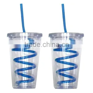 Single Wall Insulated Plastic Drink Cup Glass w Curly Crazy Straw Travel Tumbler thumbnail-5