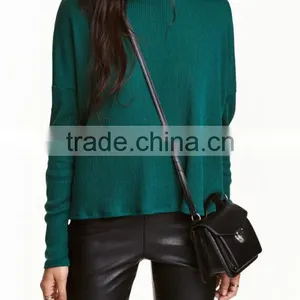 Green Ribbed Crew Neck Relax Fitted Wool Sweater Design for Girl With Dropped Sleeves thumbnail-2