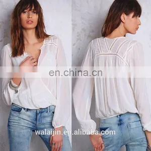 Lace Trimed Long Sleeve Woman Surplice Woven Top thumbnail-2