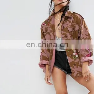Fashion Latest Design Embroidery Long Sleeve Midweight Woven Button-flap Women 100%cotton Camouflage Camo Print Jacket thumbnail-2