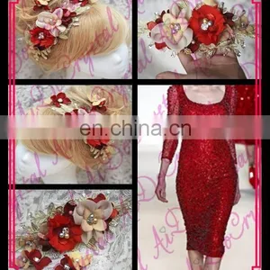 Aidocrystal Red With Gold Color Wedding Accessory Set Of 3 Hair Clips Bridal Accessory Handmade Hair Lace Flower Clip for Girls thumbnail-1