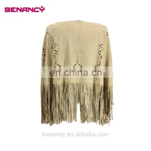 2017 Trendy Laser Cut Suede Kimono Poncho With Long Fringe thumbnail-3