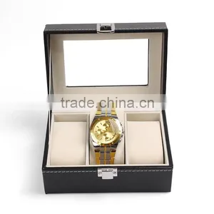 Custom Personalized 3 Slot Black Leather Watch Storage Box With Clear Lid thumbnail-2