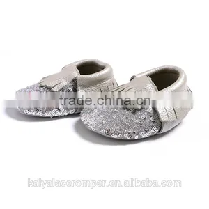 Silver Sequin Charcoal Fringe Baby Leather Moccasins,Toddler Leather Baby Shoes thumbnail-2