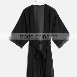 Wholesale Cheap 100% Ployester Long Sleeve Sexy Women Bride Black Sleep Bridal Chiffon Robes thumbnail-3