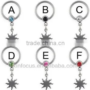 Captive Bead Ring With Dangling Sun, 14 ga Bcr Body Jewelry thumbnail-1