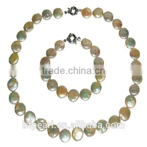 20" 12mm Champagne Cheap Freshwater Coin Pearls Jewelry Set thumbnail-1