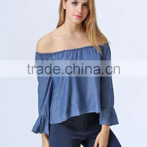 New Design Women Clothing Manufacturers Off Shoulder Denim Blouse For Women thumbnail-2