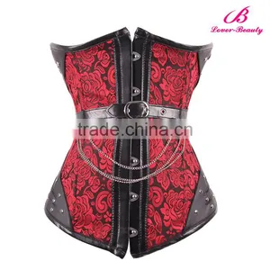 Red Floral Steampunk Hook Eye Buckle Overbust Cheap Corset NO MOQ thumbnail-1