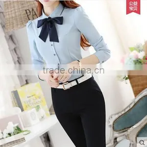 2016 New Style Women Fashion Long Sleeve Blue Shirt Ladies Office Formal White Shirt thumbnail-3