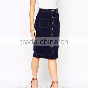 Latest Skirt Design Button Through Denim Skirt Lady Midi Skirt thumbnail-2