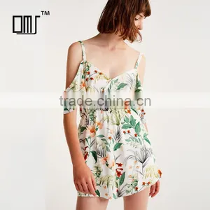 2017 Sexy V-neck and Bare Shoulder Ladies Short Floral Printed Jumpsuit thumbnail-1