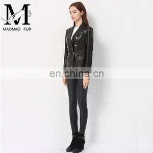 Lady Casual Spring Long Sleeve Beaded Leather Motorcycle Jacket thumbnail-4