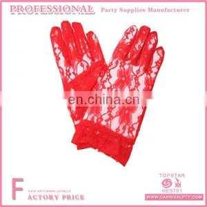 Red Wrist Length Lace Gloves With Flower Pattern thumbnail-1